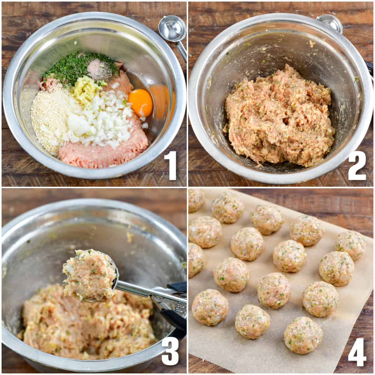 collage of four images of how to make meatballs for soup.