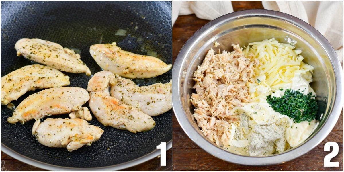 collage of two images of cooked chicken tenders and ingredients for chicken dip in a bowl.