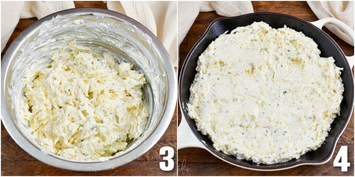 collage of two images of chicken ranch dip mixed in a bowl and spread in a skillet.