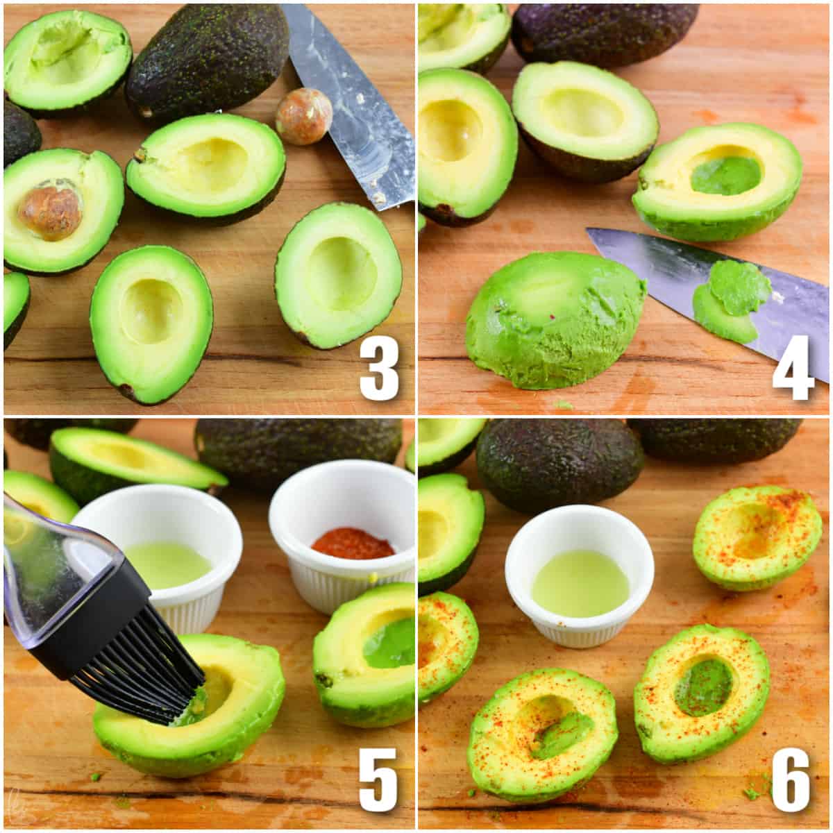 collage of four images of preparing avocadoes for stuffed avocado.