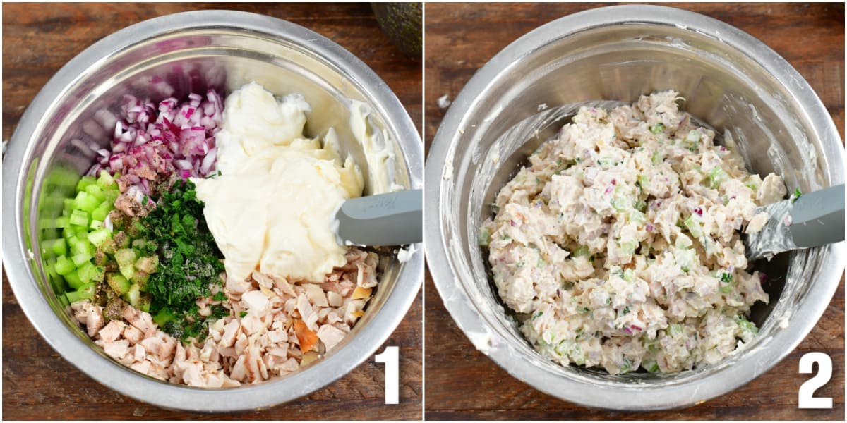 collage of two images of ingredients for chicken salad in a bowl and then mixed chicken salad.