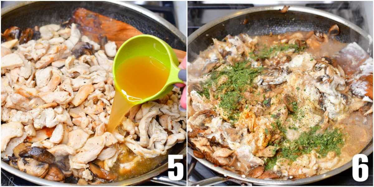 Collage of two images of cooking chicken and adding stock and the remaining ingredients for stroganoff.