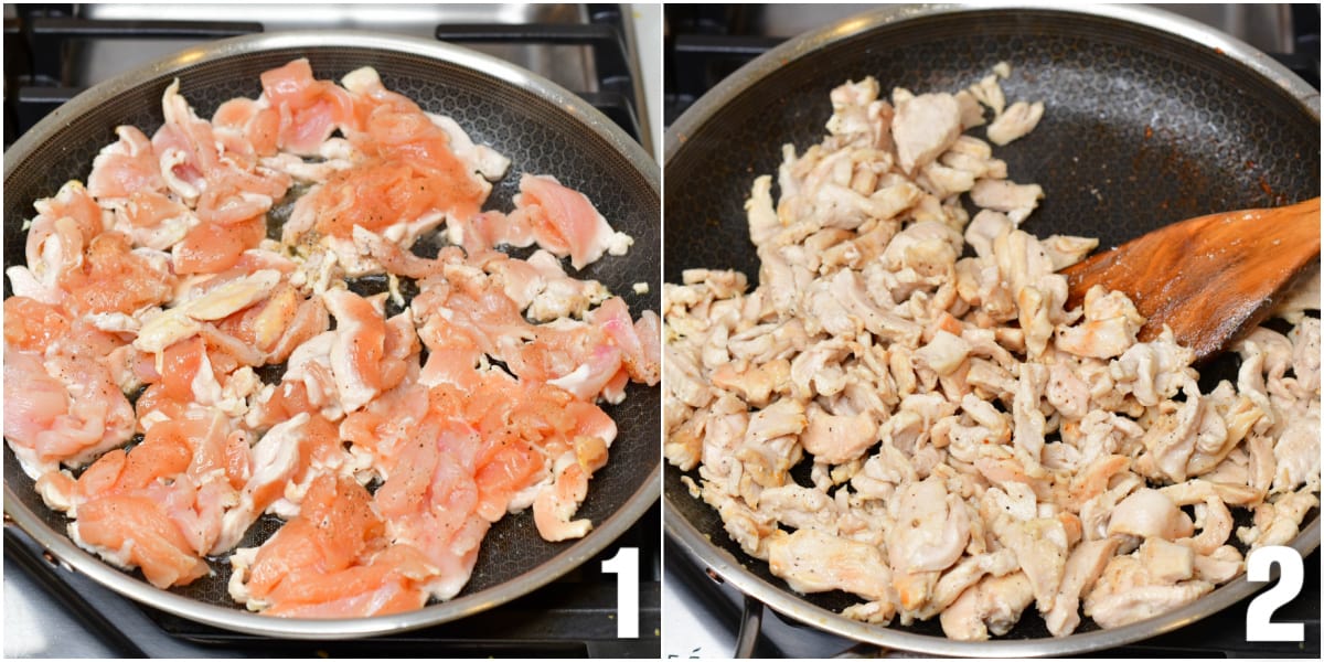 Collage of two images of chicken cooking in a pan with a wooden spatula.