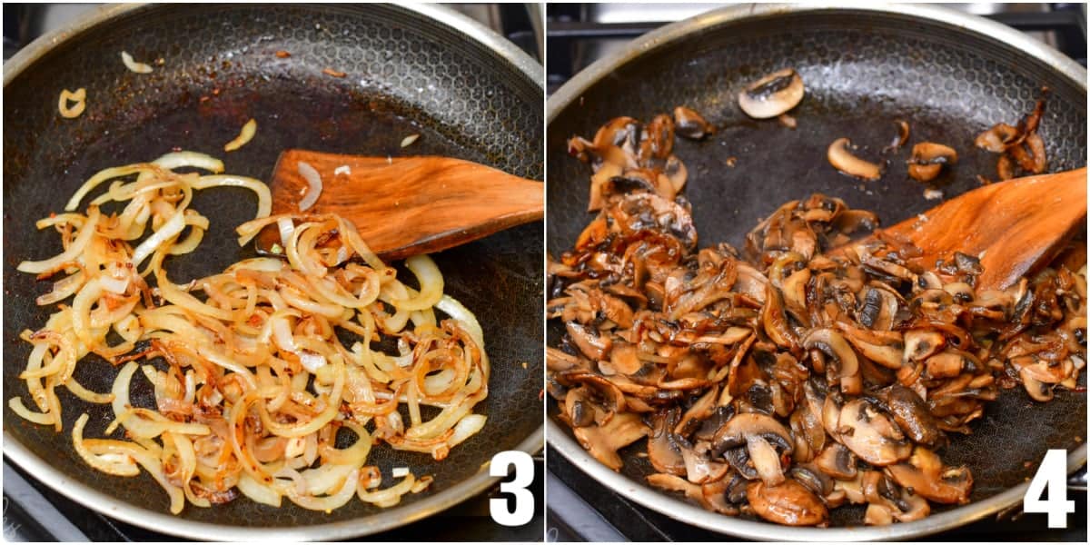 collage of two images cooking onions and mushrooms in a pan.