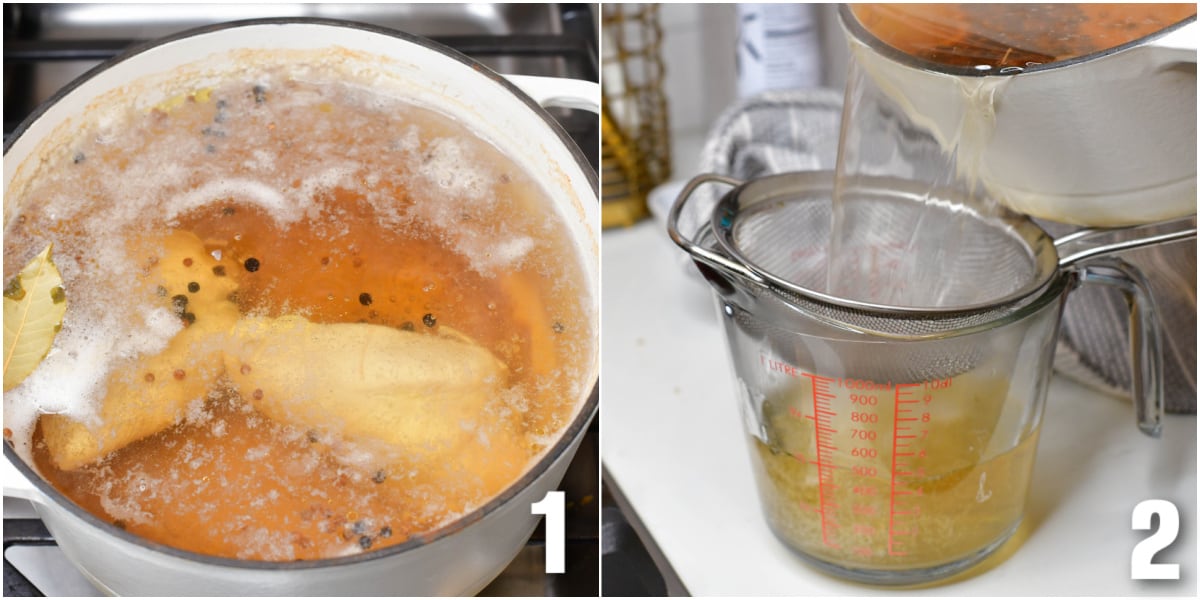 collage of two images of cooking chicken broth and straining it.
