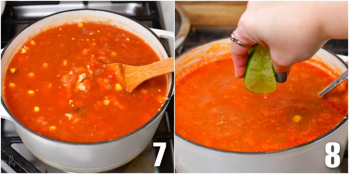 collage of two images of stirring chicken tortilla soup and squeezing in fresh lime juice.