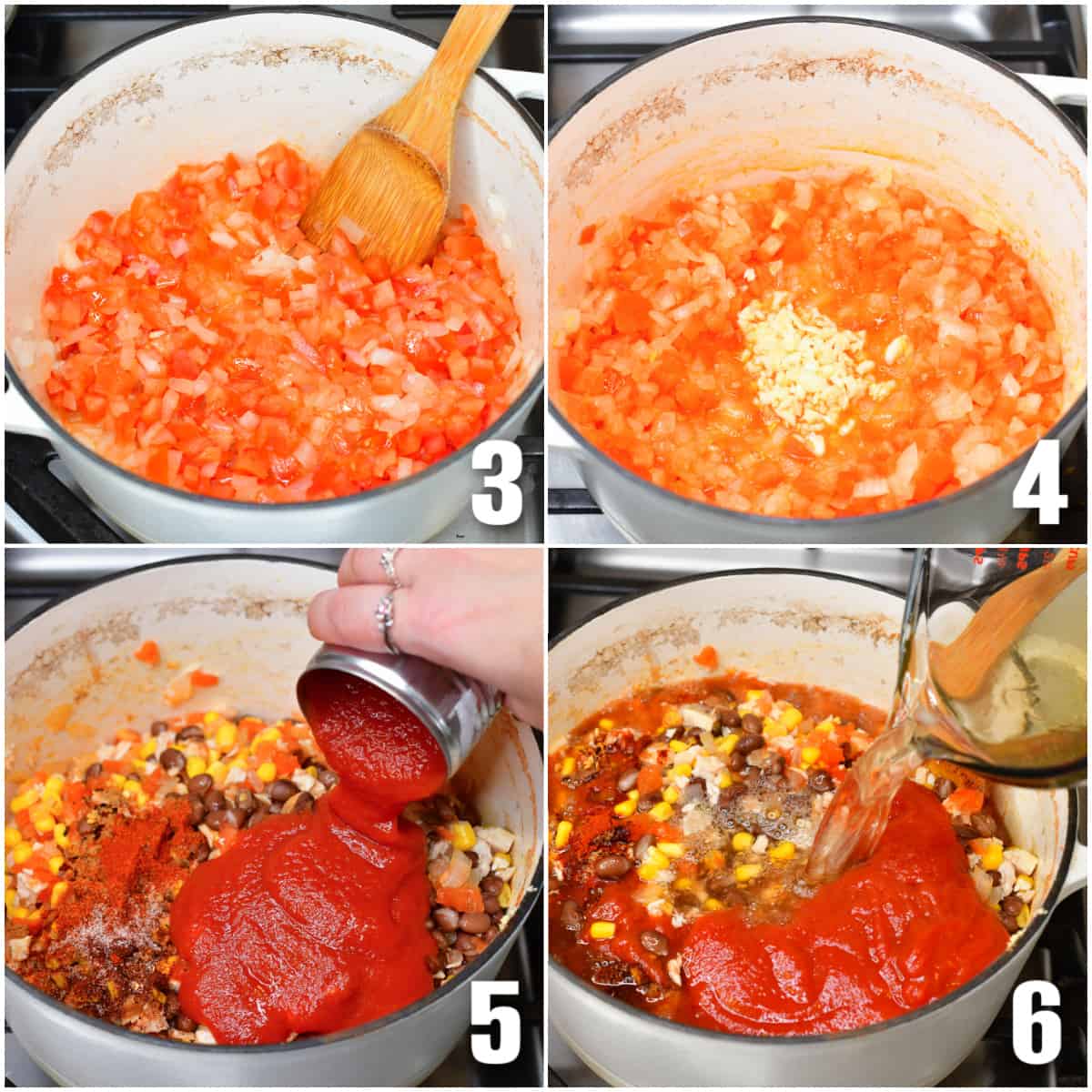 collage of four images of cooking tomatoes and onions and adding garlic, then veggies, and seasoning.
