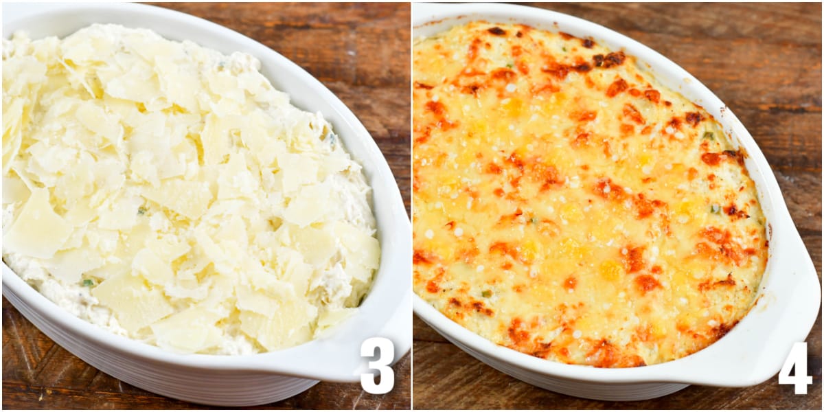 collage of two images of the dip in a baking dish before and after baking.