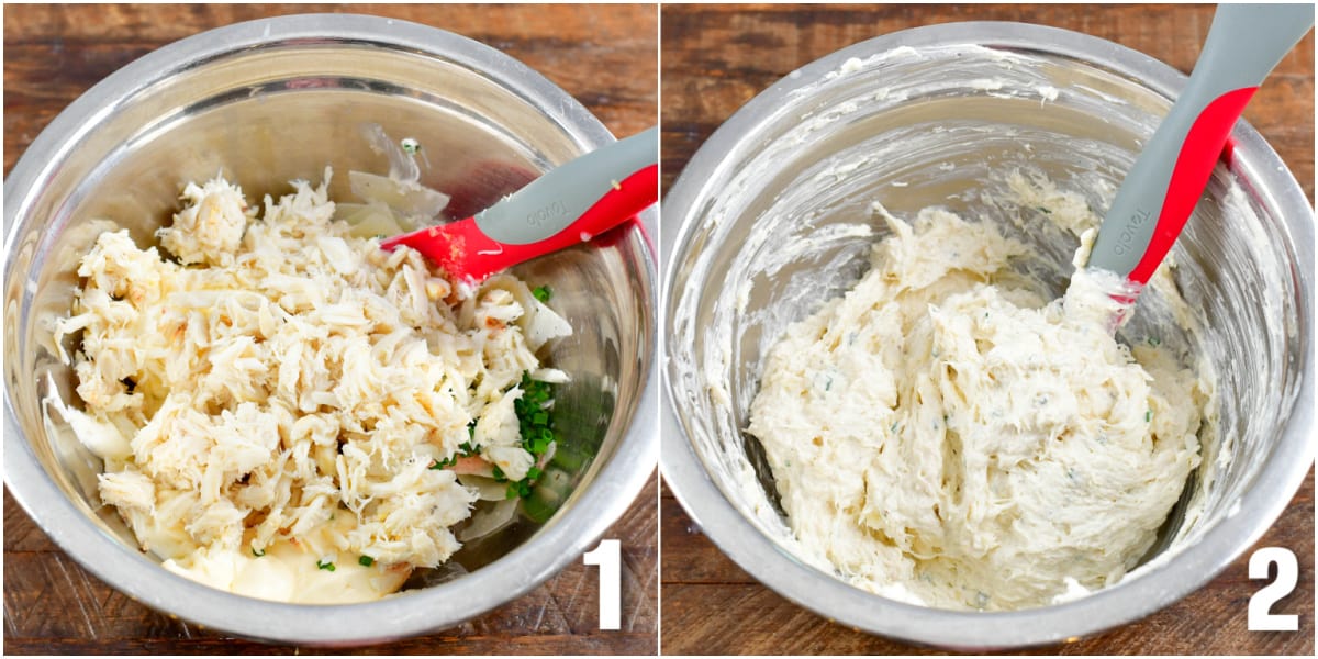 collage of two images of mixing the crab dip mixture before and after.