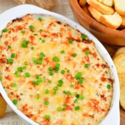 baked crab dip in a white dish with green onion and crackers in a bowl.