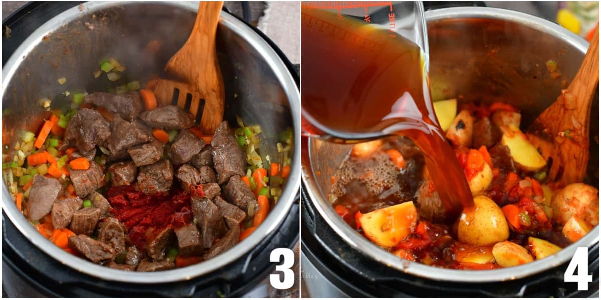 collage of two images of adding beef and tomato paste and adding potatoes and stock.