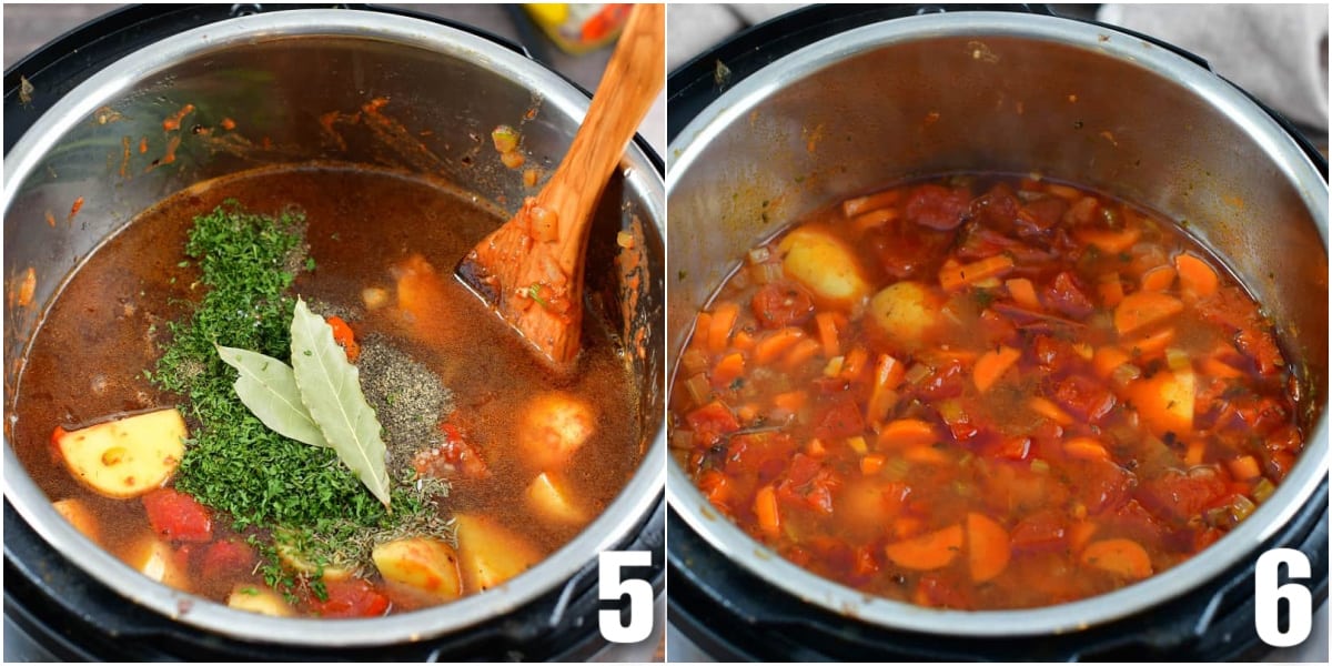 collage of two images of adding seasoning and cooked beef soup in instant pot.