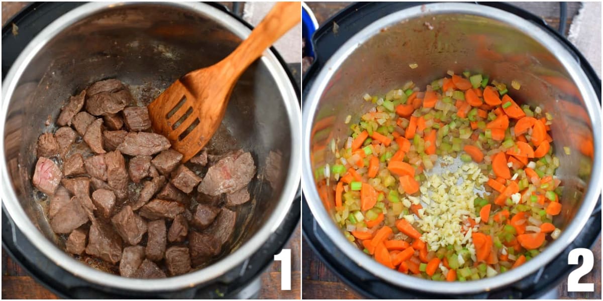 collage of two images of searing beef and sautéing veggies in instant pot.