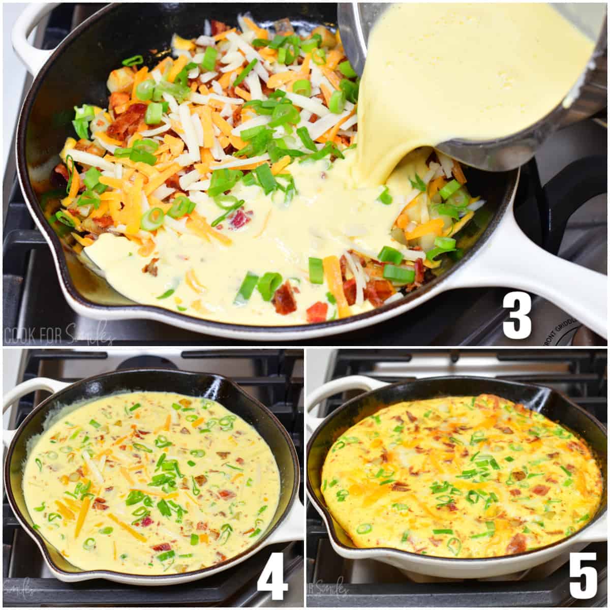collage of three images of adding egg mixture to the skillet and breakfast skillet before and after cooking.