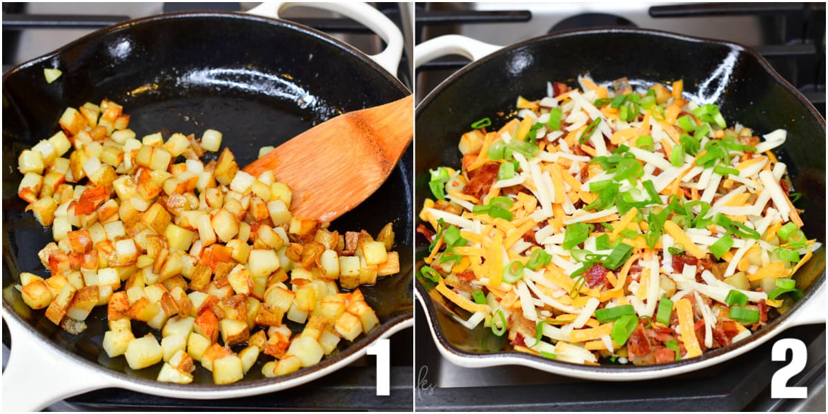 collage of two images of sauteing potatoes and adding bacon, green onion, and shredded cheese.