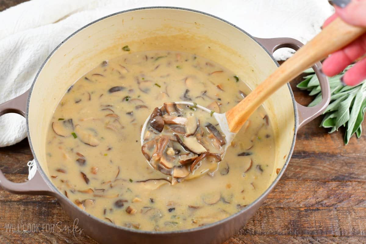 scooping some mushroom soup from the pot with a ladle.