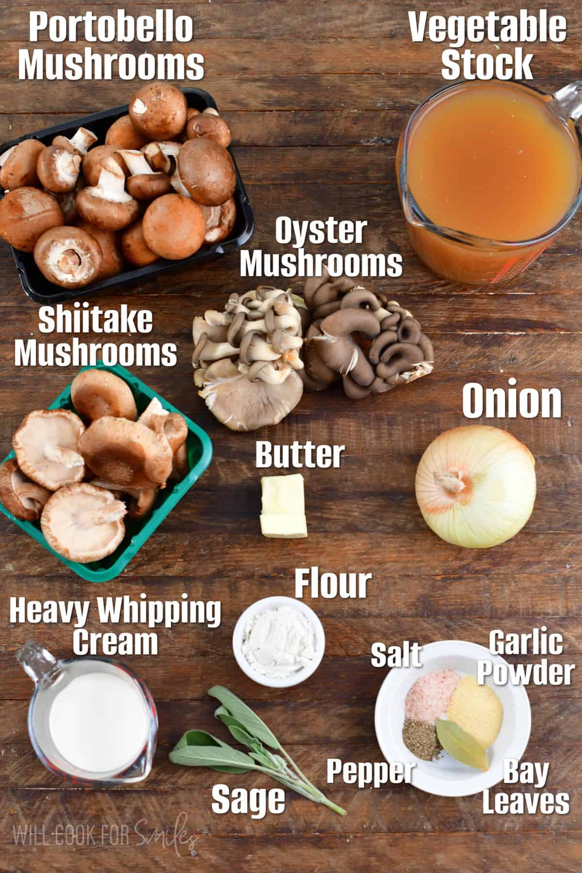 ingredients to make mushroom soup in a wooden board.