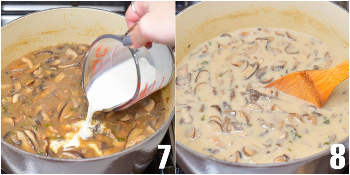 collage of two images of adding cream to the soup and stirring.