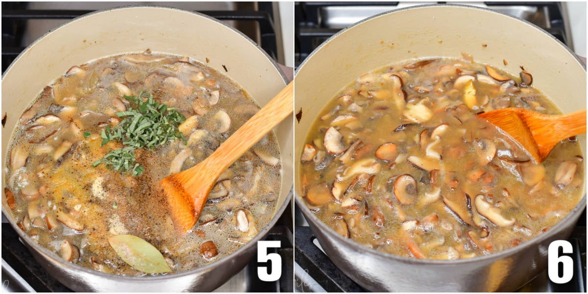 collage of two images of adding seasoning to mushroom soup and stirring.