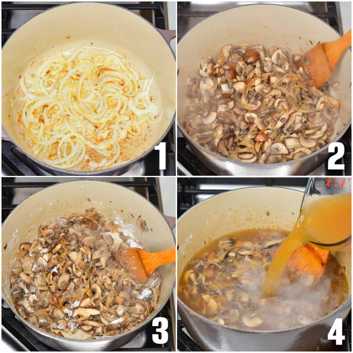 collage of four images of sautéing onions and mushrooms and adding broth.