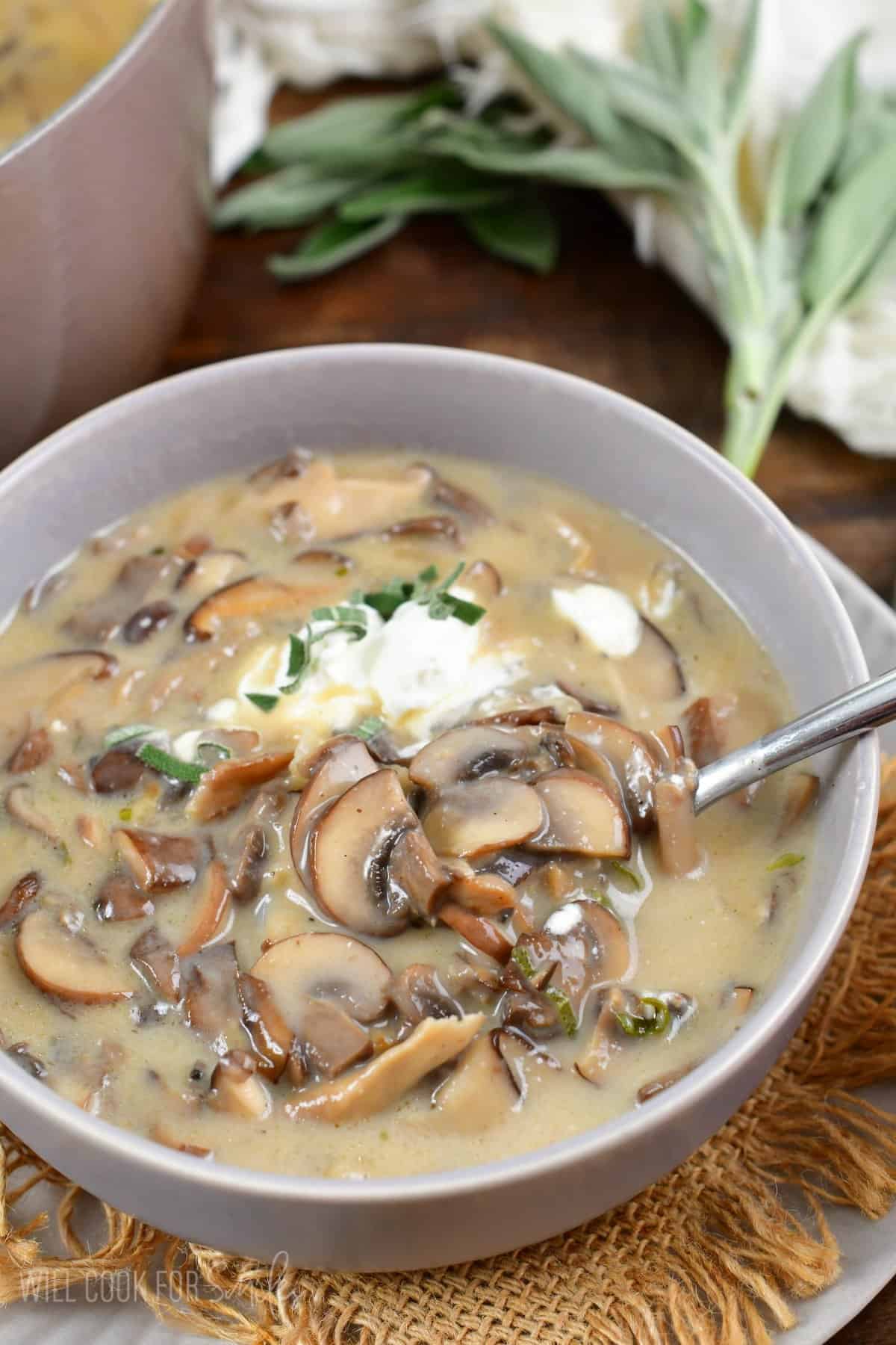 spooning out some mushroom soup with a spoon from a grey bowl next to a pot.