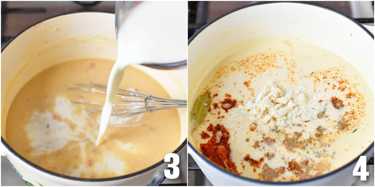 collage of two images of adding milk and seasoning and crab for the soup.
