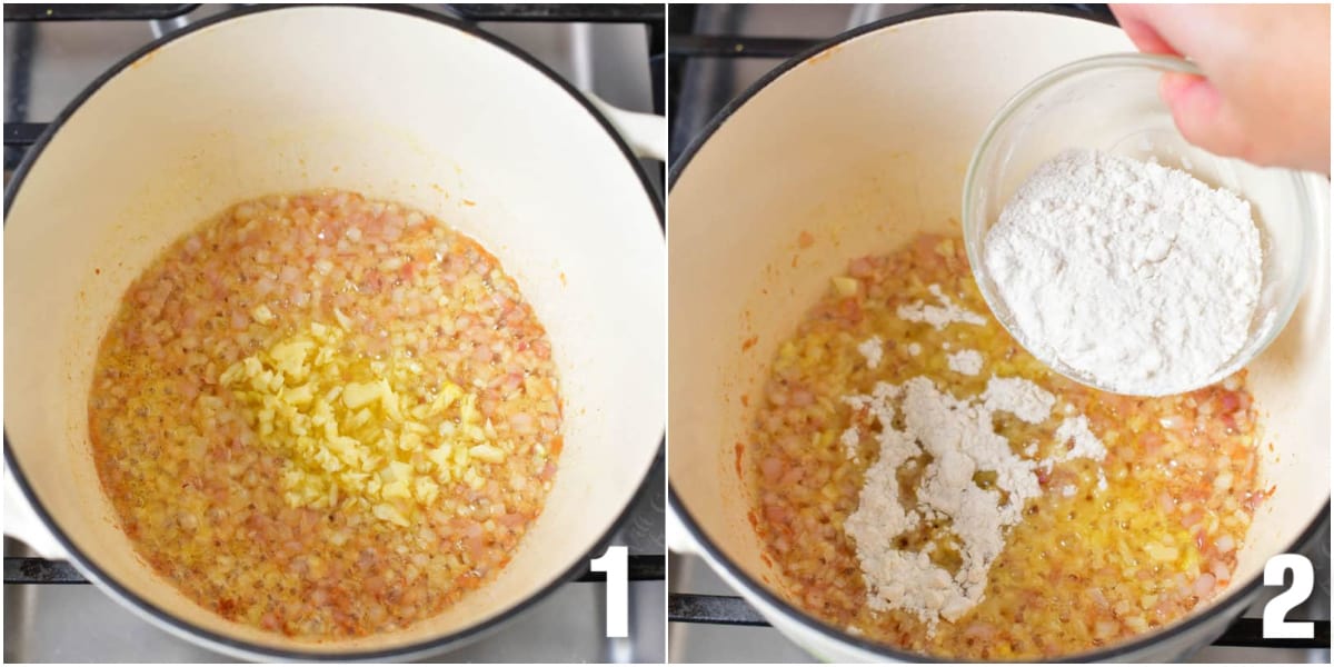 collage of two images on cooking shallots and adding flour to the pot.