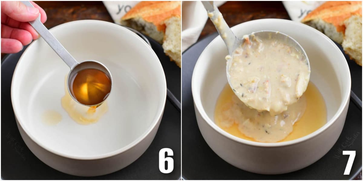 collage of two images of adding sherry to the bowl and adding soup to the bowl.
