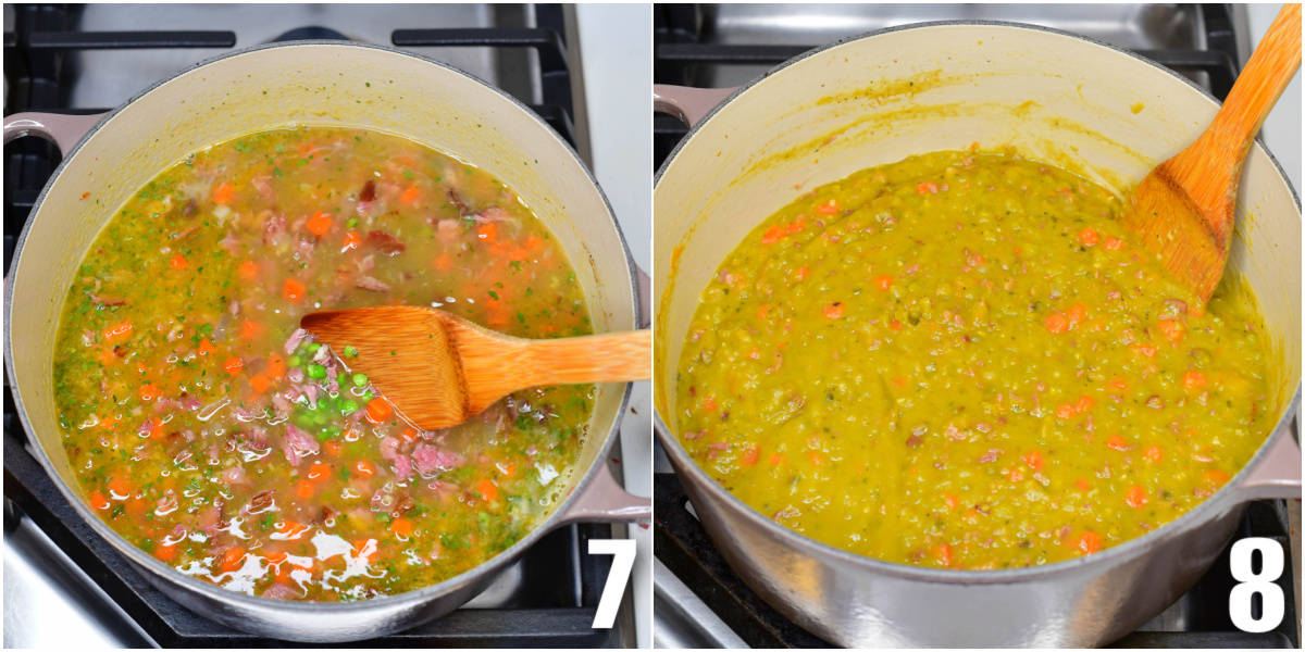 Collage of two images of soup before and after cooking.