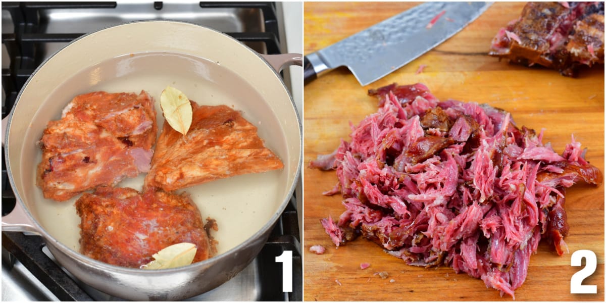 Collage of two images cooking ham in stock and taking the meat of a ham bone.