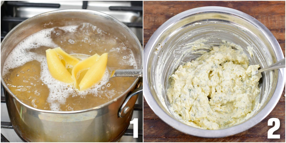 collage of two images of cooking pasta shells and mixing the filling for the stuffed shells.