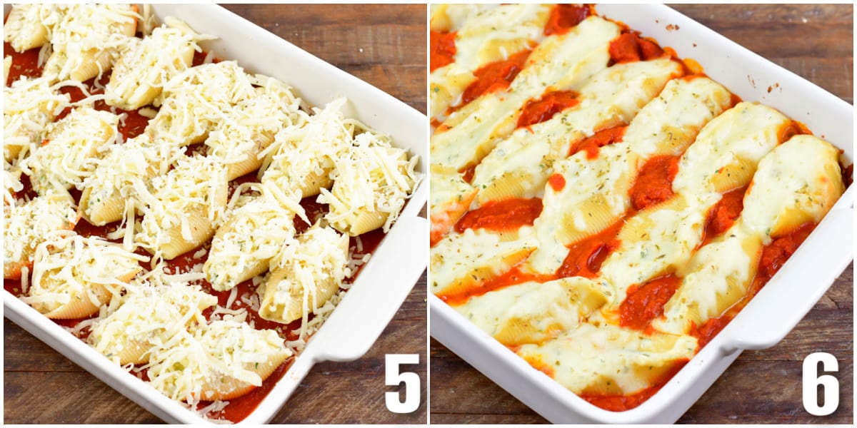 collage of two stuffed shells images before and after baking.