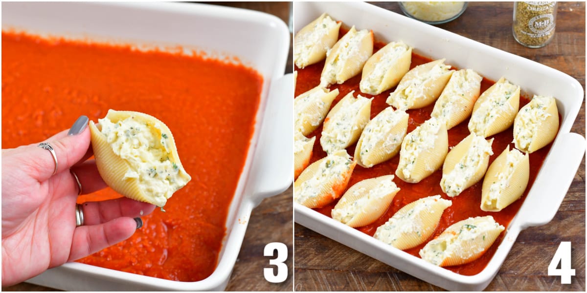collage of two images of holding one stuffed shell and all shells laid out in sauce.
