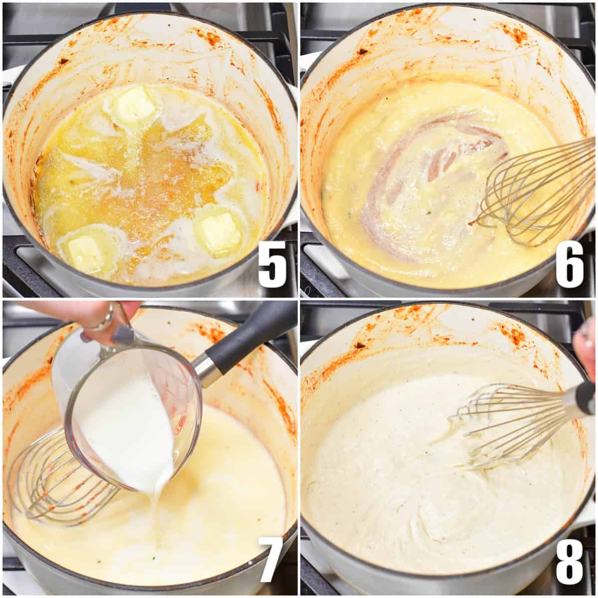 Collage of four images of making the creamy roux in the pot.
