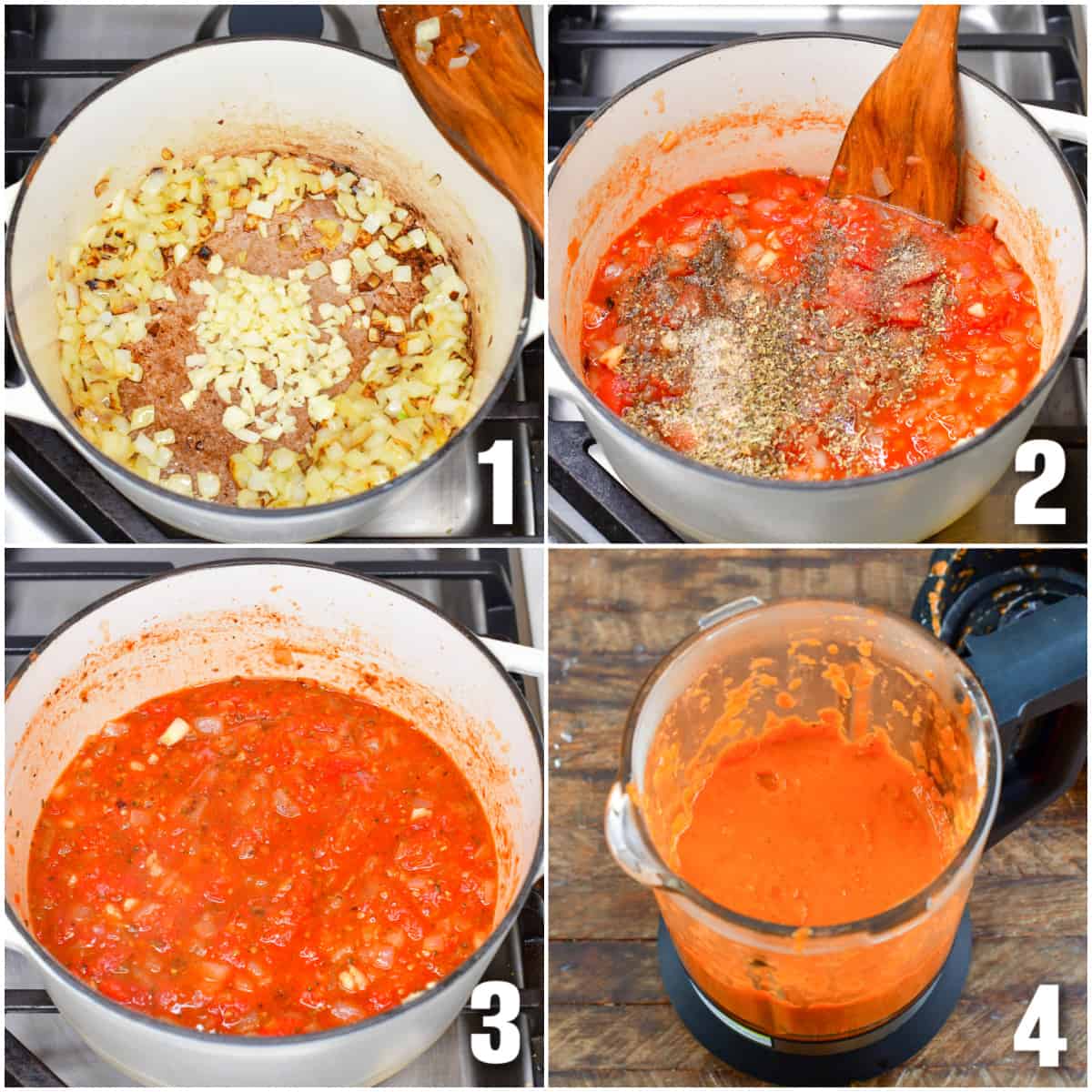 collage of four photos of cooking tomato soup in a pot and blending it.