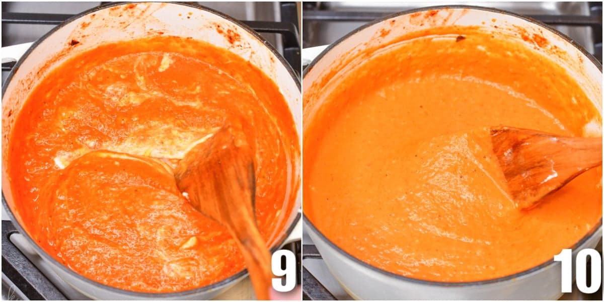 Collage of two images of tomato bisque soup with the creamy roux missed into to the pot with a wooden spoon.
