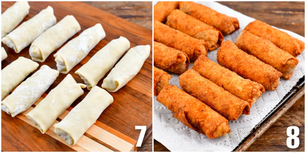 collage of two images of rolled egg rolls before and after frying.