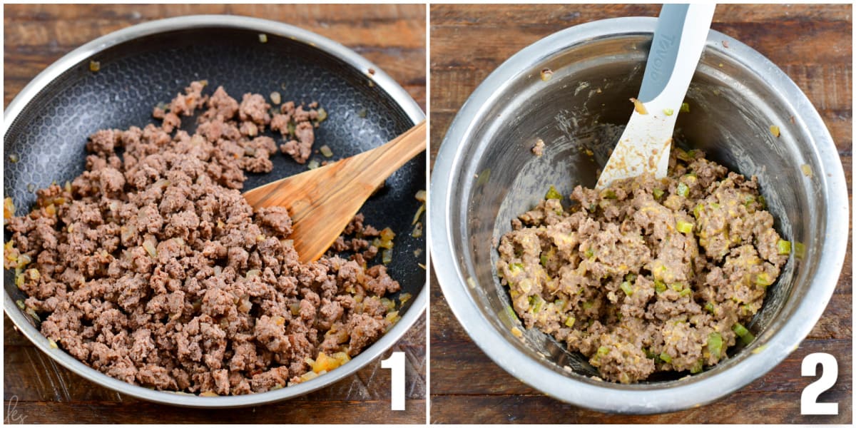 collage of two images of cooked ground beef and mixing cheeseburger egg roll filling.