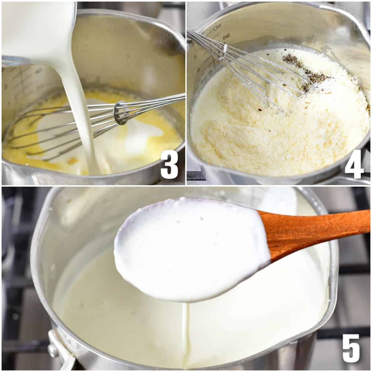 Collage of three images of cooking the alfredo sauce.