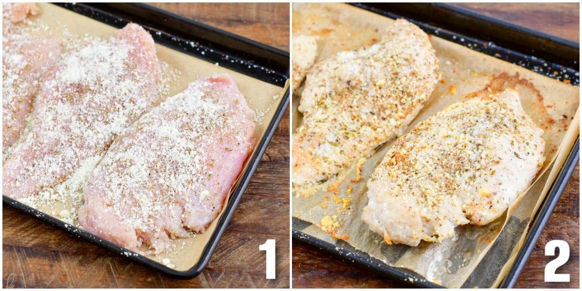 Collage of two images of Chicken with parmisan cheese top on a baking sheet before and after baking.