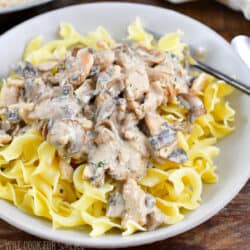 grey bowl filled with egg noodles and creamy chicken and mushrooms over it.