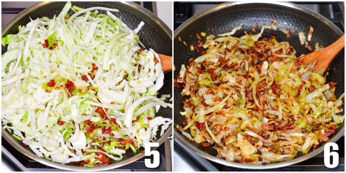 collage of two images cooking cabbage in a pan with bacon, and the cabbage cooked.