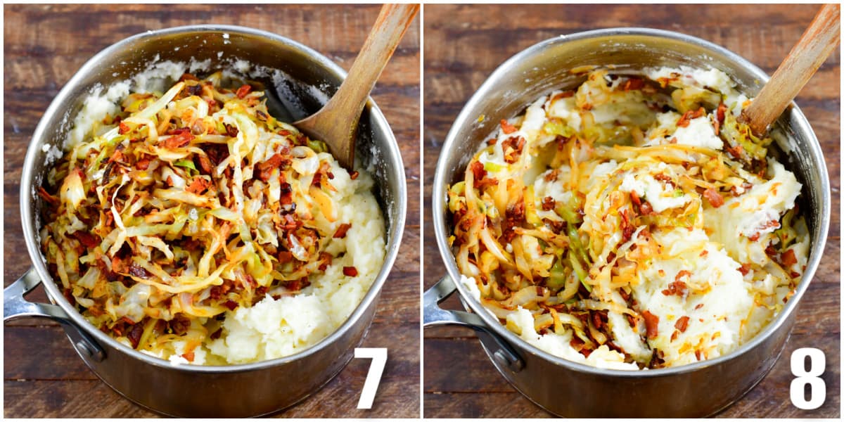 collage of two images of combinging the fried cabbage into the mashed potatoes.