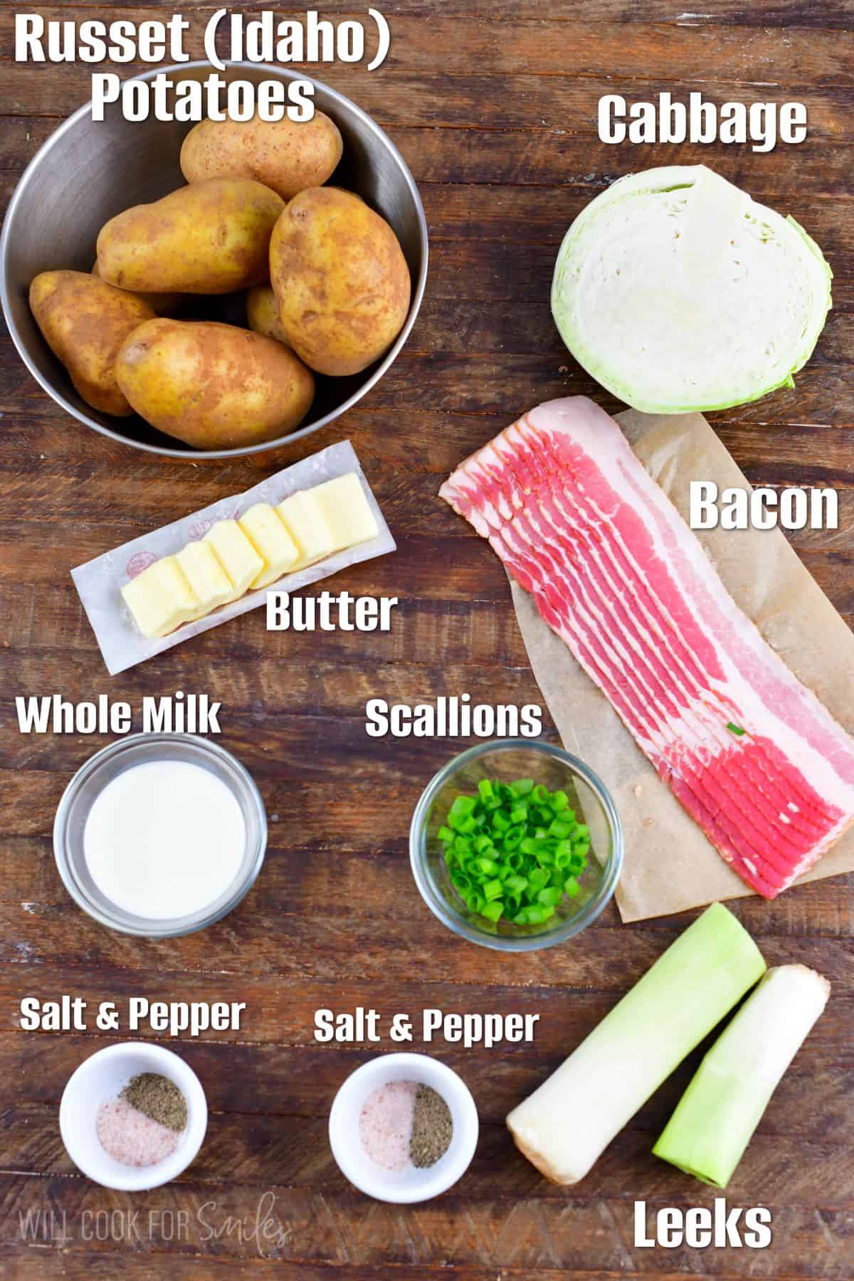 Labled colcannon ingredients on a wood surface.