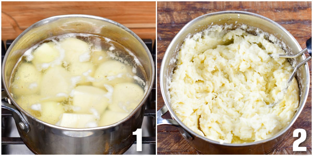 Collage of 2 images of making colcannon boiling potatoes in a pot, mashing potatoes.