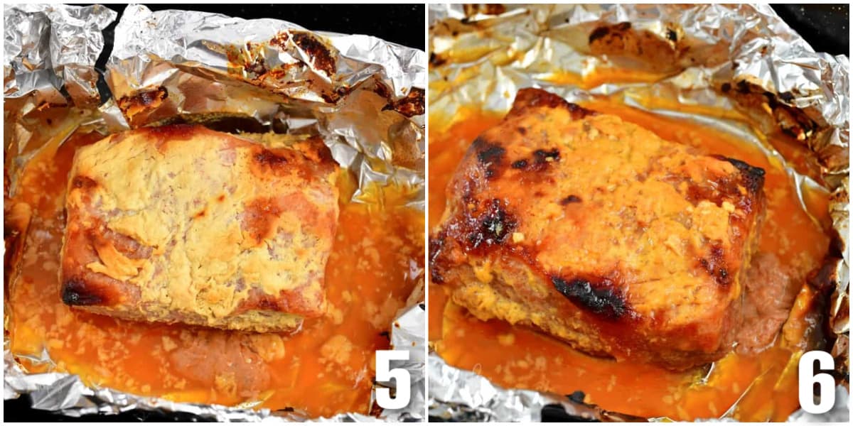 collage of two images of corned beef brisket in the oven before and after baking.