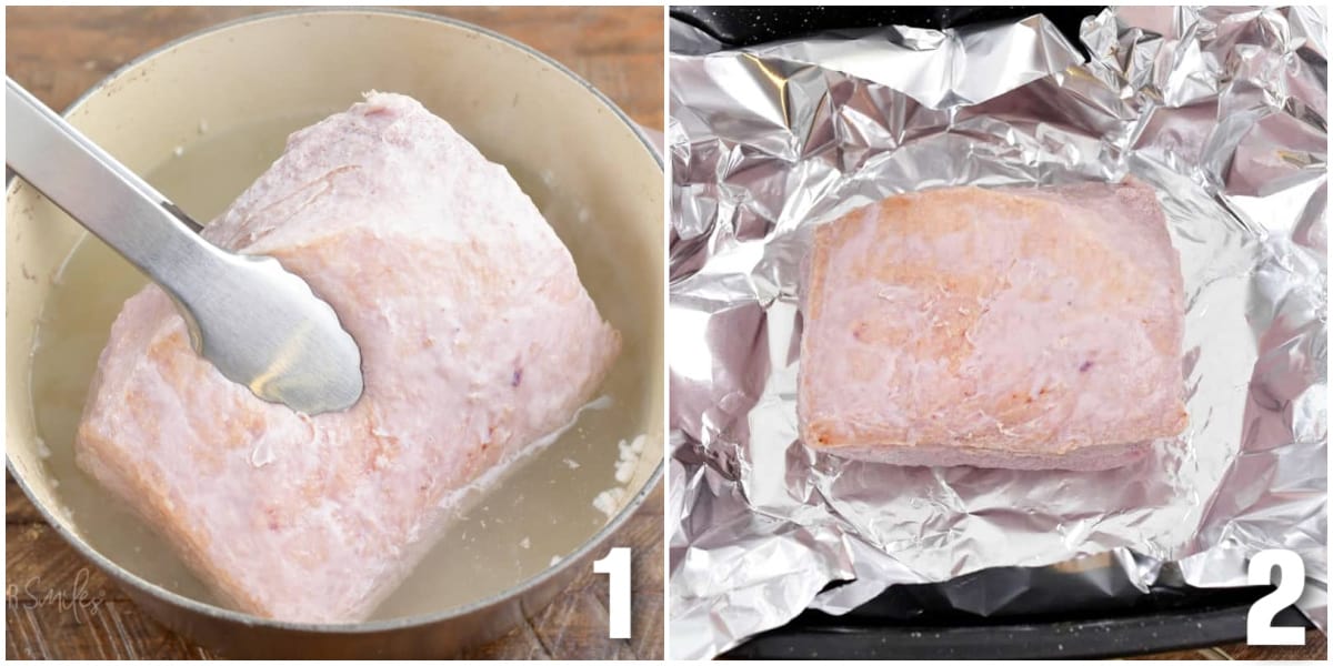 collage of two images of pulling corned beef out of the pot of water and placing onto baking dish.