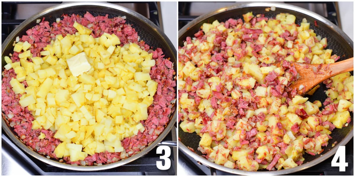collage of two images of adding diced potatoes to corned beef in pan, stirring it up.