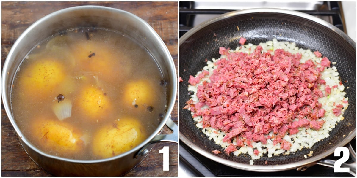 collage of two images one of cooking potatoes and one of corned beef in a pan.