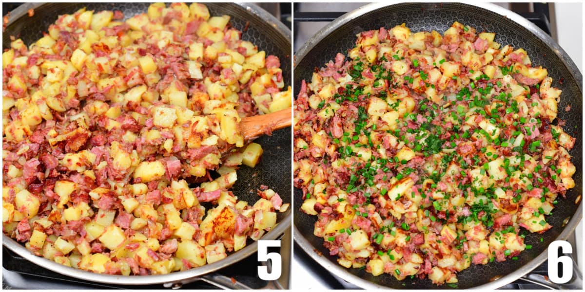 Collage of cooking potatoes and meats in a pan, adding parsley for garnish.